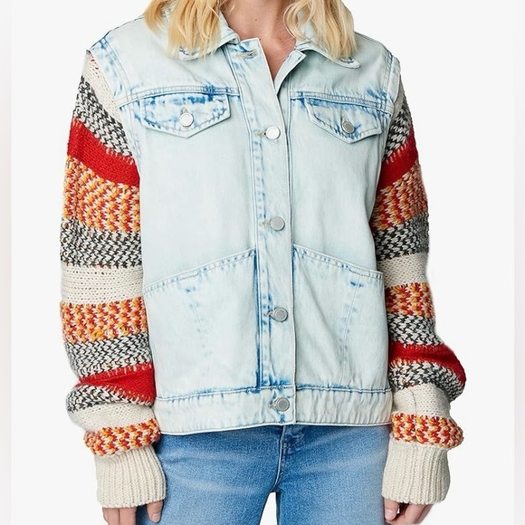 Blank NYC Jackets & Blazers - NEW Blank NYC Colorblock Stripe Sweater Sleeve Denim Trucker Jacket Acid Wash  M